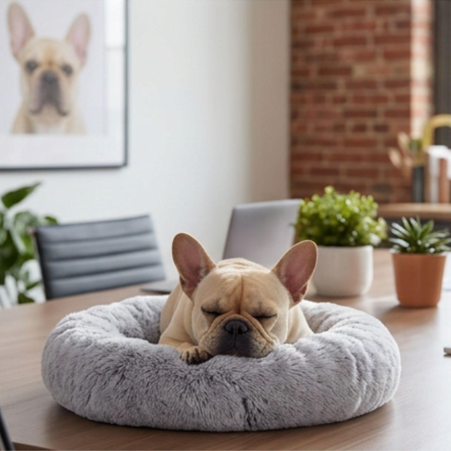 Fifi sleeping at her desk in the executive office