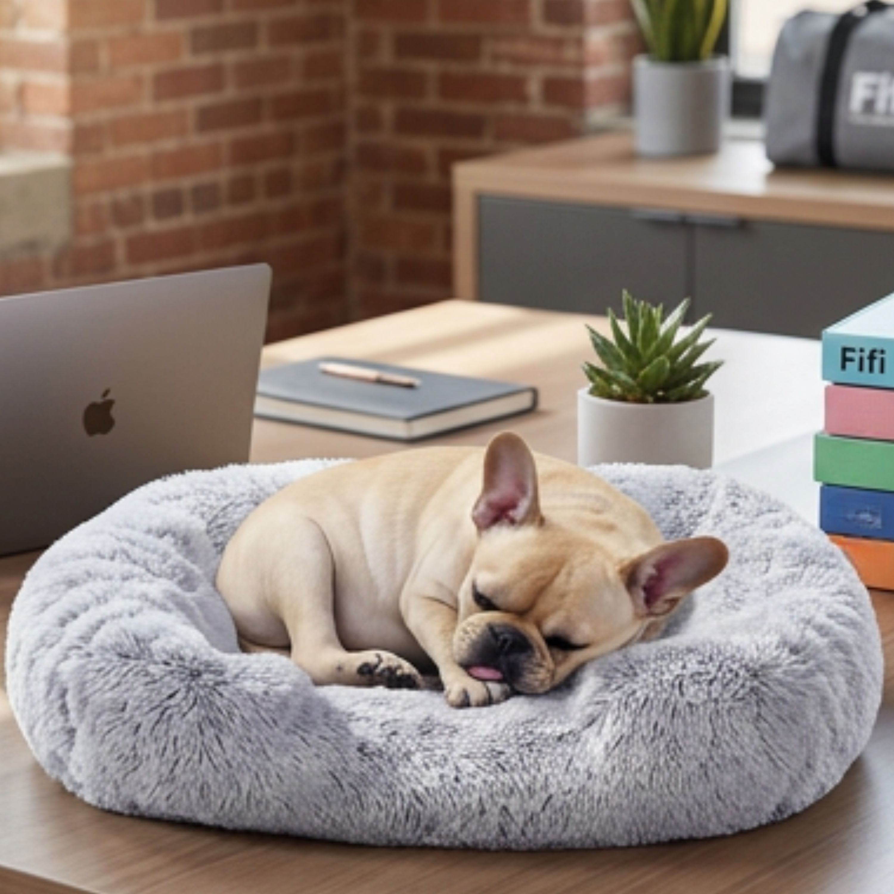 Fifi the Pawductivity Expert sleeping at her desk next to a MacBook