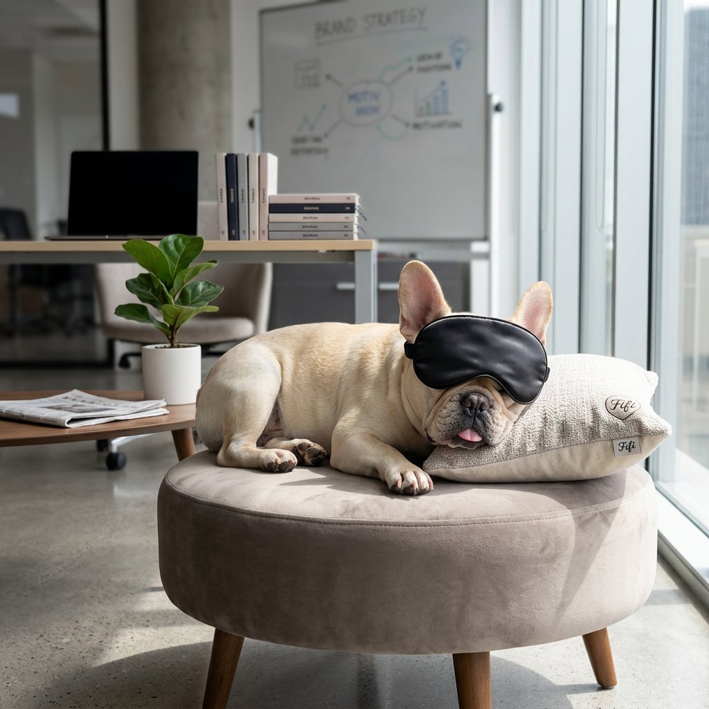 Fifi wearing a sleep mask in the office